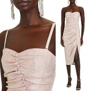 JONATHAN SIMKHAI Ruched Bustier Blush Shimmer Midi Dress